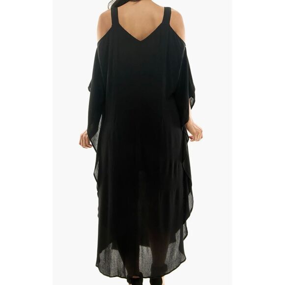 Nina Leonard Women's Size M Cold Shoulder Black Crepe Textured Maxi Dress - Picture 13 of 14